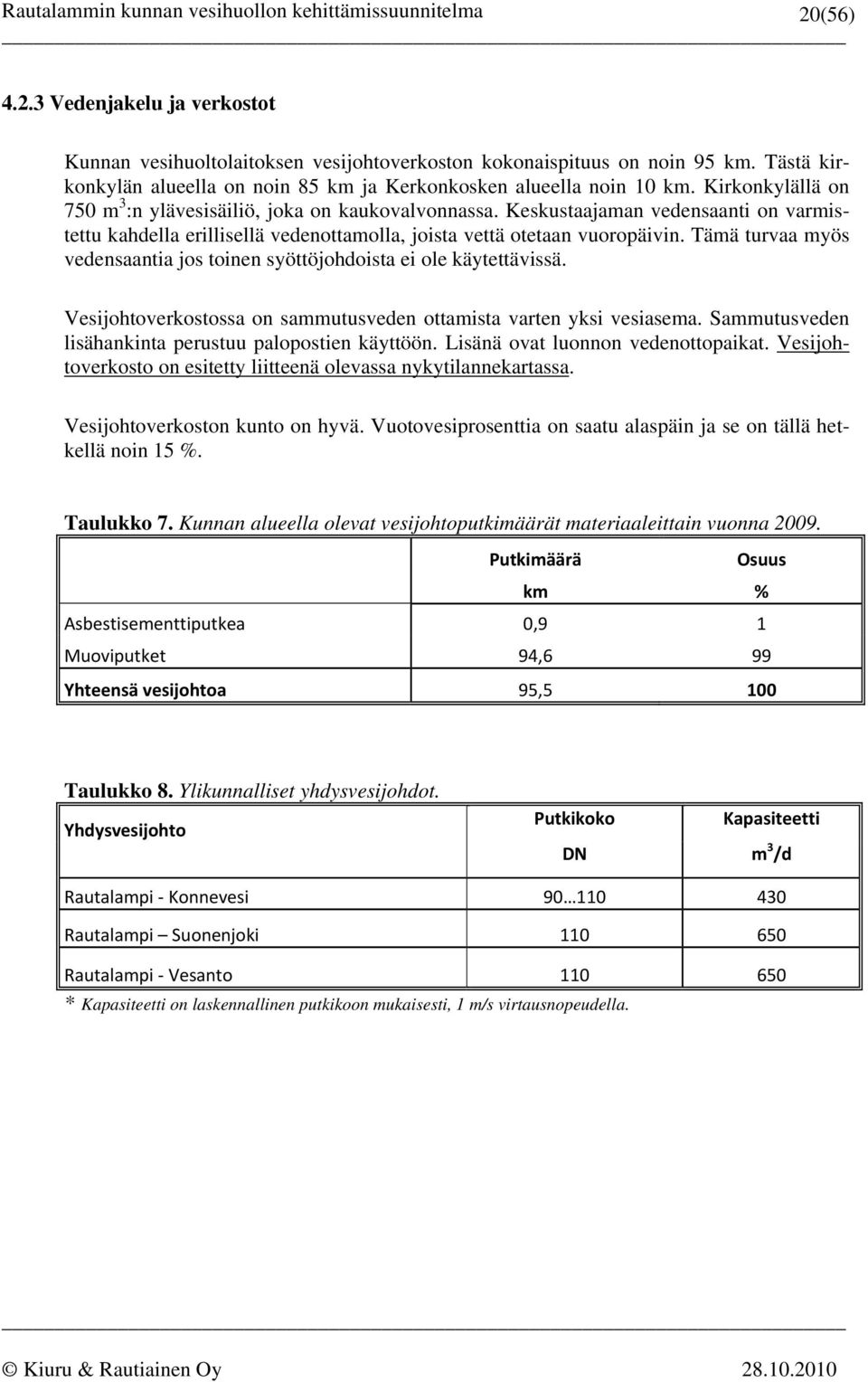 Tämä turvaa myös vedensaantia jos toinen syöttöjohdoista ei ole käytettävissä. Vesijohtoverkostossa on sammutusveden ottamista varten yksi vesiasema.