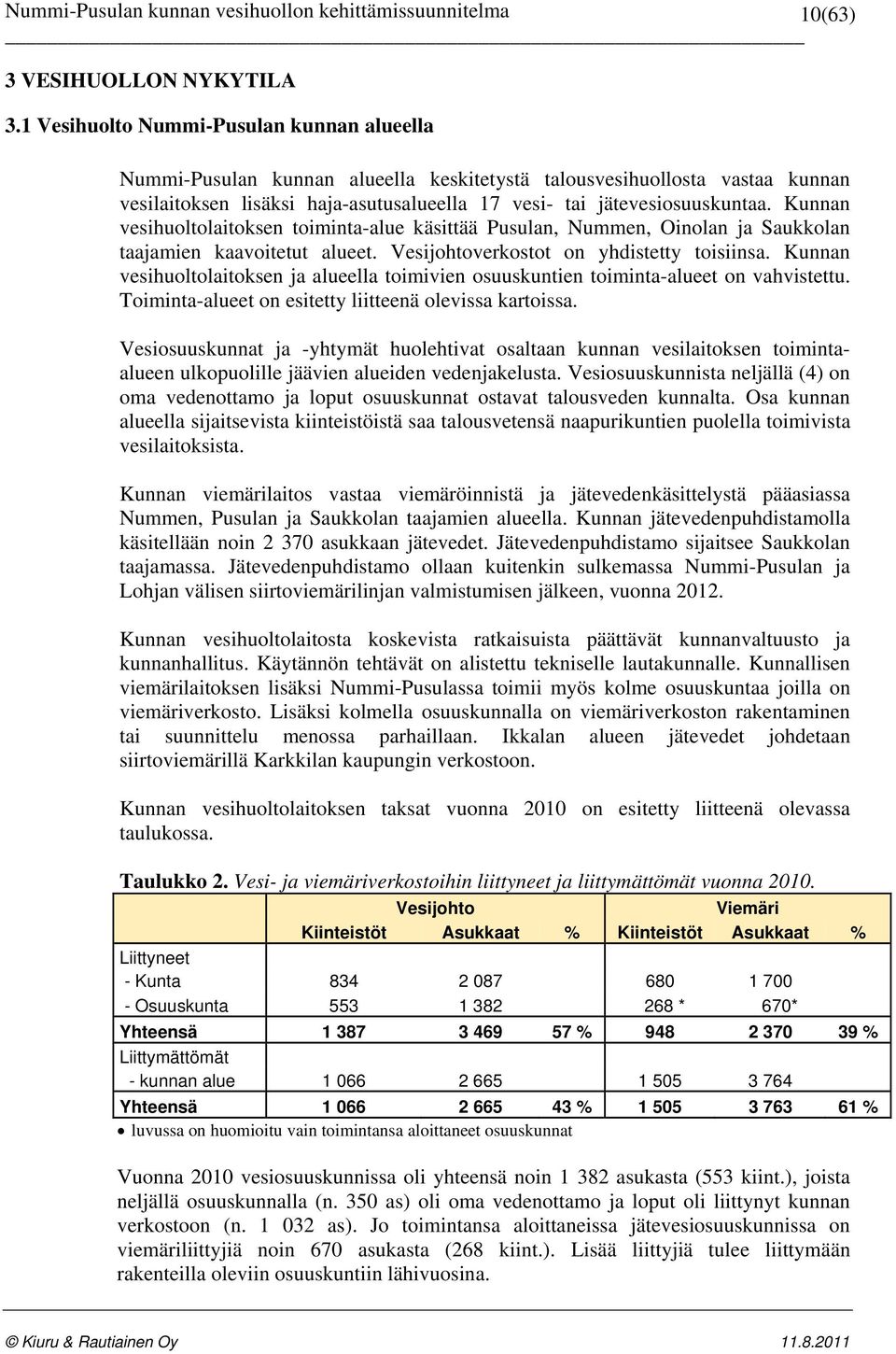 Kunnan vesihuoltolaitoksen toiminta-alue käsittää Pusulan, Nummen, Oinolan ja Saukkolan taajamien kaavoitetut alueet. Vesijohtoverkostot on yhdistetty toisiinsa.