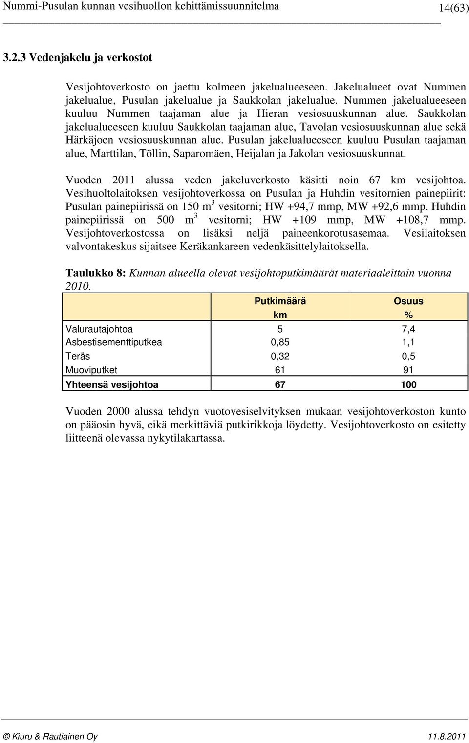 Saukkolan jakelualueeseen kuuluu Saukkolan taajaman alue, Tavolan vesiosuuskunnan alue sekä Härkäjoen vesiosuuskunnan alue.