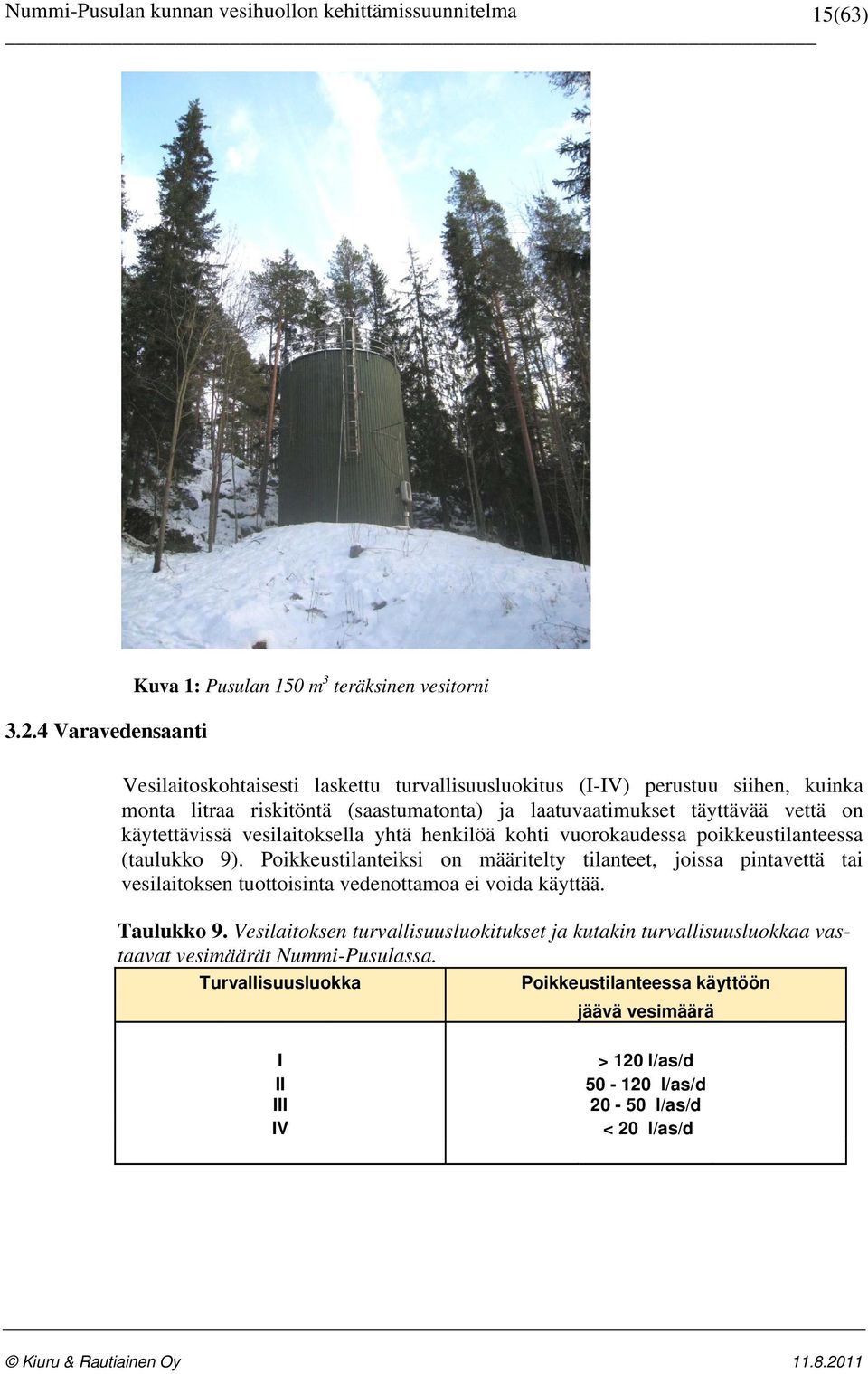 (saastumatonta) ja laatuvaatimukset täyttävää vettä on käytettävissä vesilaitoksella yhtä henkilöä kohti vuorokaudessa poikkeustilanteessa (taulukko 9).