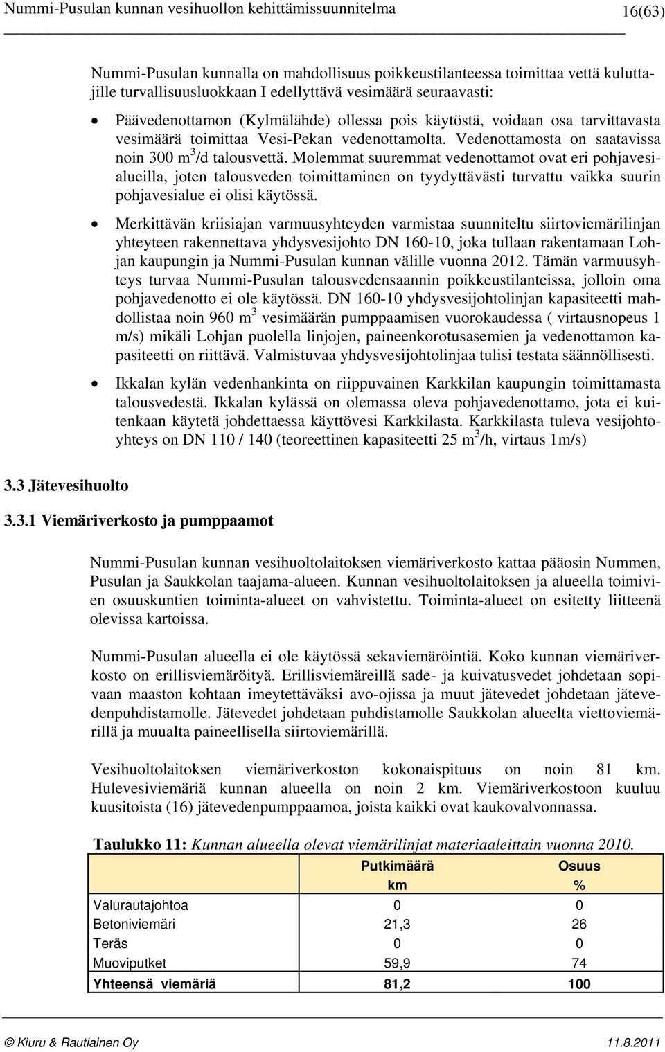 pois käytöstä, voidaan osa tarvittavasta vesimäärä toimittaa Vesi-Pekan vedenottamolta. Vedenottamosta on saatavissa noin 300 m 3 /d talousvettä.