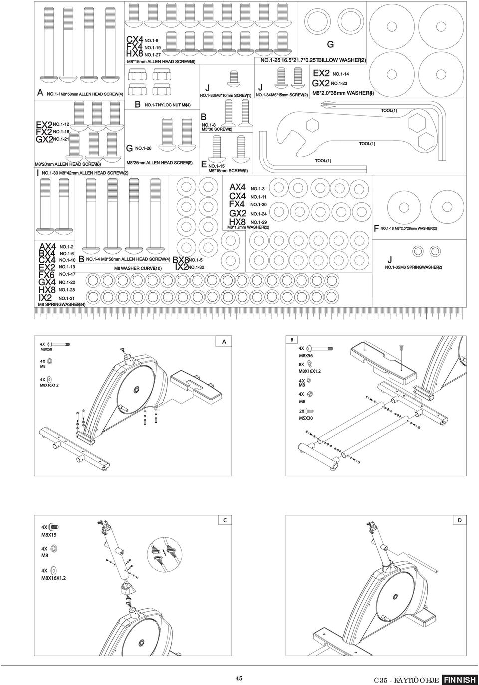 0*38 mm WASHER(4) TOOL(1) TOOL(1) *20mm ALLEN HEAD SCREW(6) *25mm ALLEN HEAD SCREW(2) I NO.1-30 *mm ALLEN HEAD SCREW(2) E NO.1-15 M5*15mm SCREW(2) AX4 CX4 FX4 GX2 HX8 NO.1-3 NO.1-11 NO.1-20 NO.