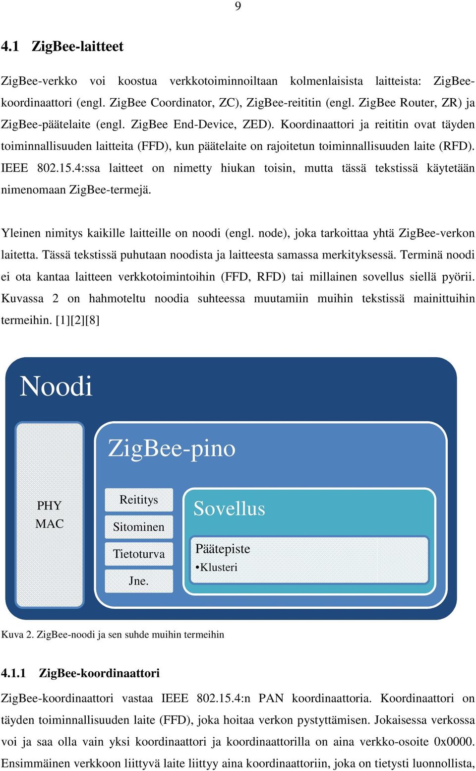Koordinaattori ja reititin ovat täyden toiminnallisuuden laitteita (FFD), kun päätelaite on rajoitetun toiminnallisuuden laite (FD). IEEE 802.15.