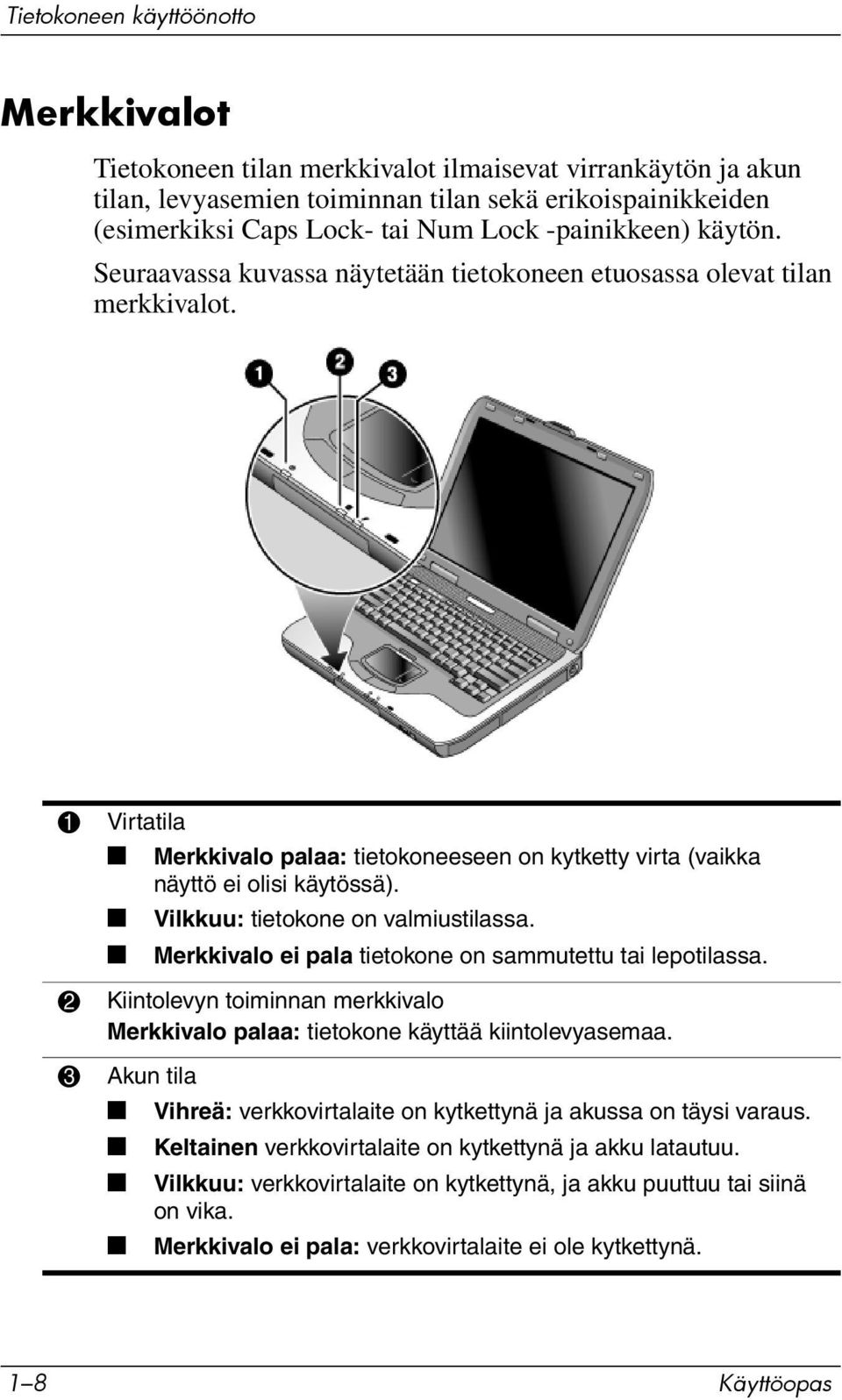 Vilkkuu: tietokone on valmiustilassa. Merkkivalo ei pala tietokone on sammutettu tai lepotilassa. 2 Kiintolevyn toiminnan merkkivalo Merkkivalo palaa: tietokone käyttää kiintolevyasemaa.