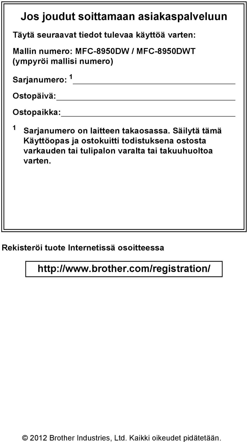 Säilytä tämä Käyttöopas ja ostokuitti todistuksena ostosta varkauden tai tulipalon varalta tai takuuhuoltoa varten.