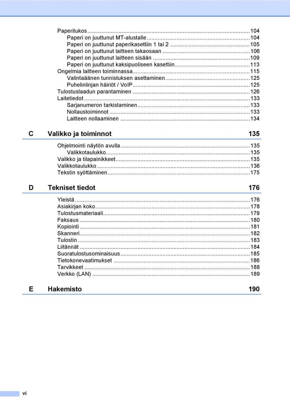 ..126 Laitetiedot...133 Sarjanumeron tarkistaminen...133 Nollaustoiminnot...133 Laitteen nollaaminen...134 C Valikko ja toiminnot 135 Ohjelmointi näytön avulla...135 Valikkotaulukko.