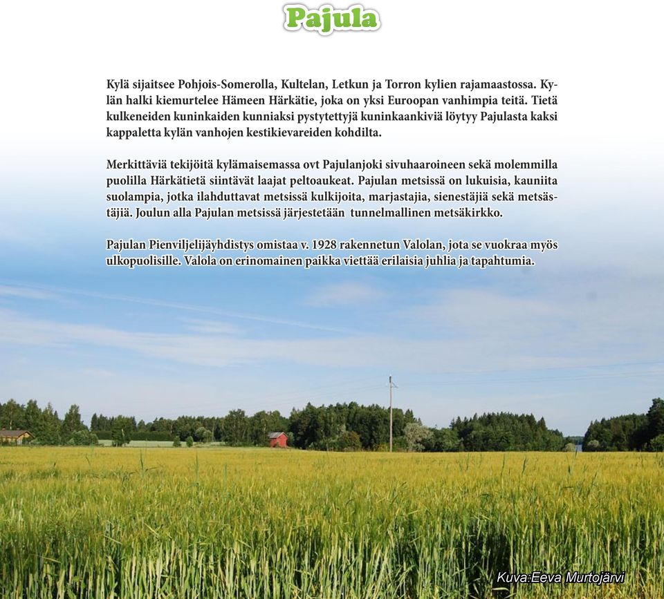 Merkittäviä tekijöitä kylämaisemassa ovt Pajulanjoki sivuhaaroineen sekä molemmilla puolilla Härkätietä siintävät laajat peltoaukeat.