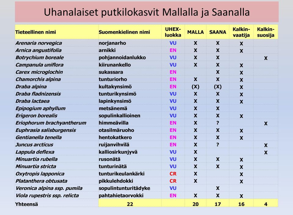 fladnizensis tunturikynsimö VU X X X Draba lactaea lapinkynsimö VU X X X Epipogium aphyllum metsänemä VU X X Erigeron borealis sopulinkallioinen VU X X X Eriophorum brachyantherum himmeävilla EN X?