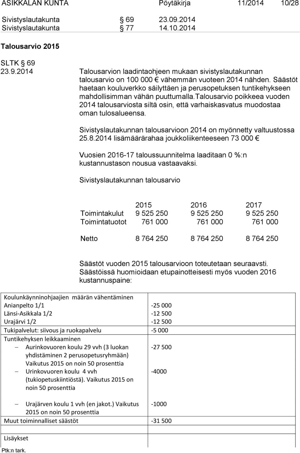 talousarvio poikkeea vuoden 2014 talousarviosta siltä osin, että varhaiskasvatus muodostaa oman tulosalueensa. Sivistyslautakunnan talousarvioon 2014 on myönnetty valtuustossa 25.8.