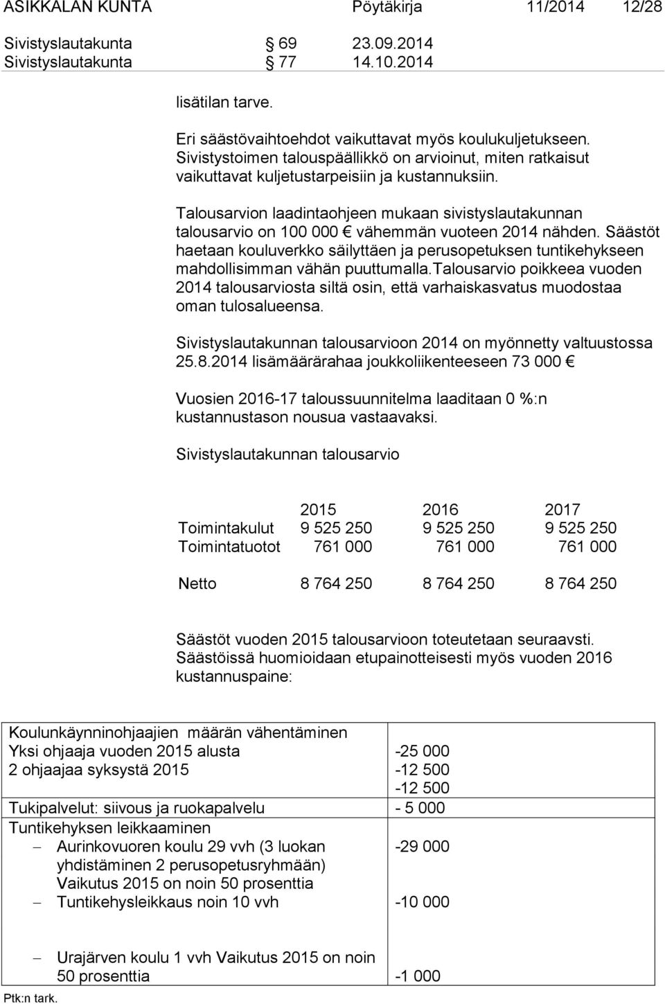 Talousarvion laadintaohjeen mukaan sivistyslautakunnan talousarvio on 100 000 vähemmän vuoteen 2014 nähden.