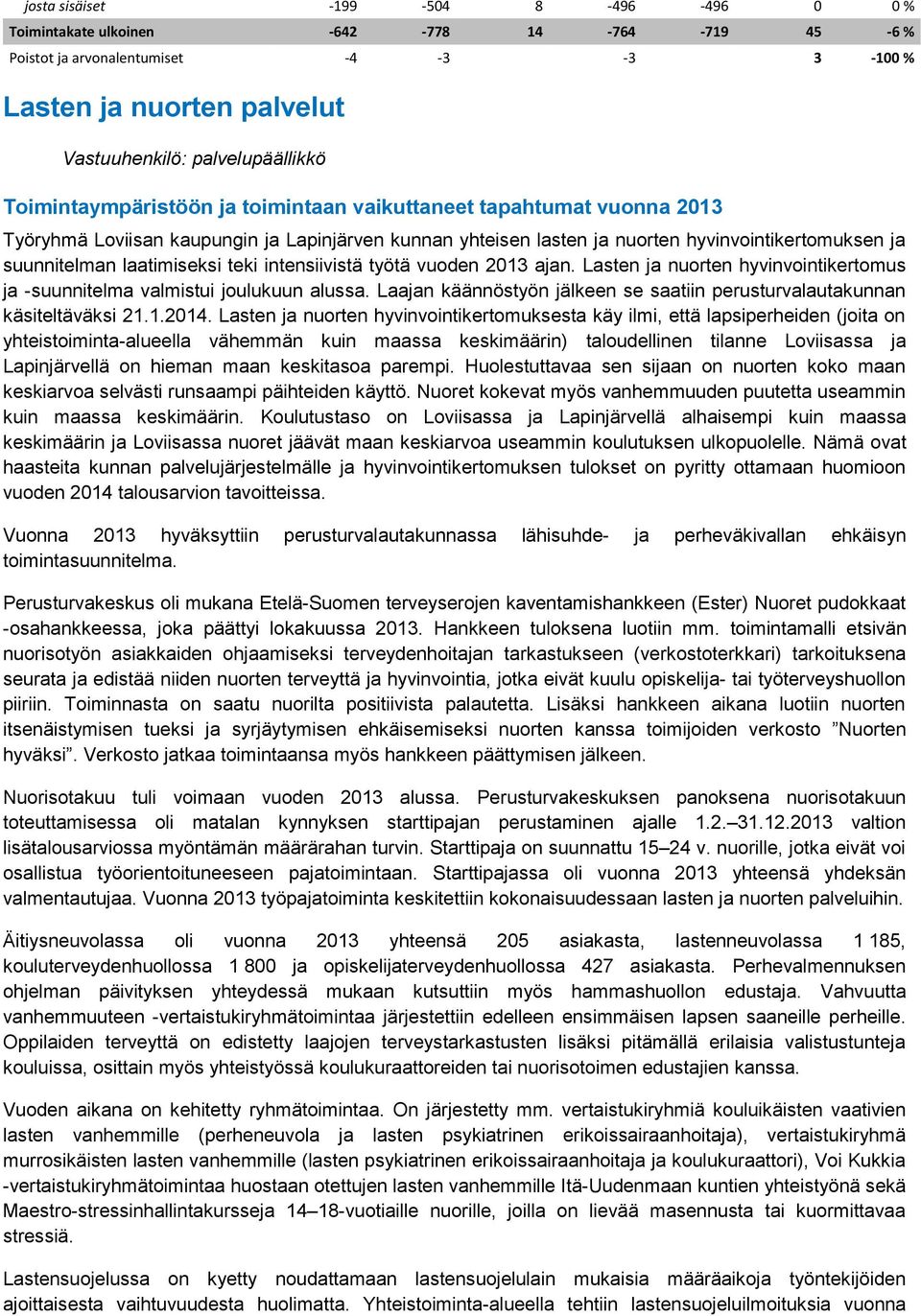 teki intensiivistä työtä vuoden 2013 ajan. Lasten ja nuorten hyvinvointikertomus ja -suunnitelma valmistui joulukuun alussa.