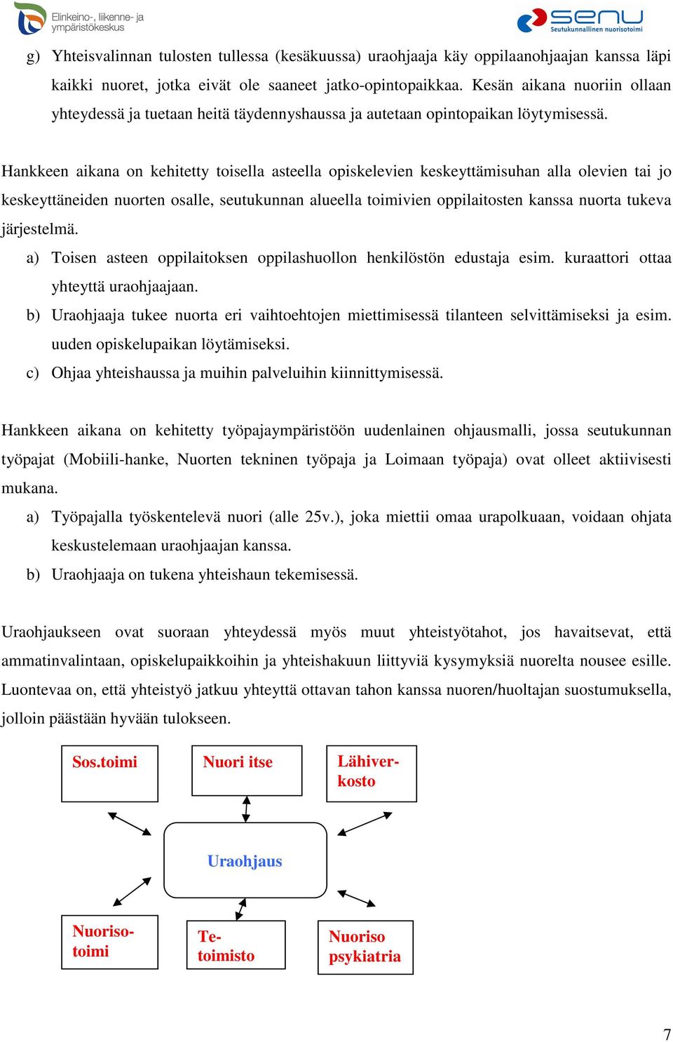 Hankkeen aikana on kehitetty toisella asteella opiskelevien keskeyttämisuhan alla olevien tai jo keskeyttäneiden nuorten osalle, seutukunnan alueella toimivien oppilaitosten kanssa nuorta tukeva