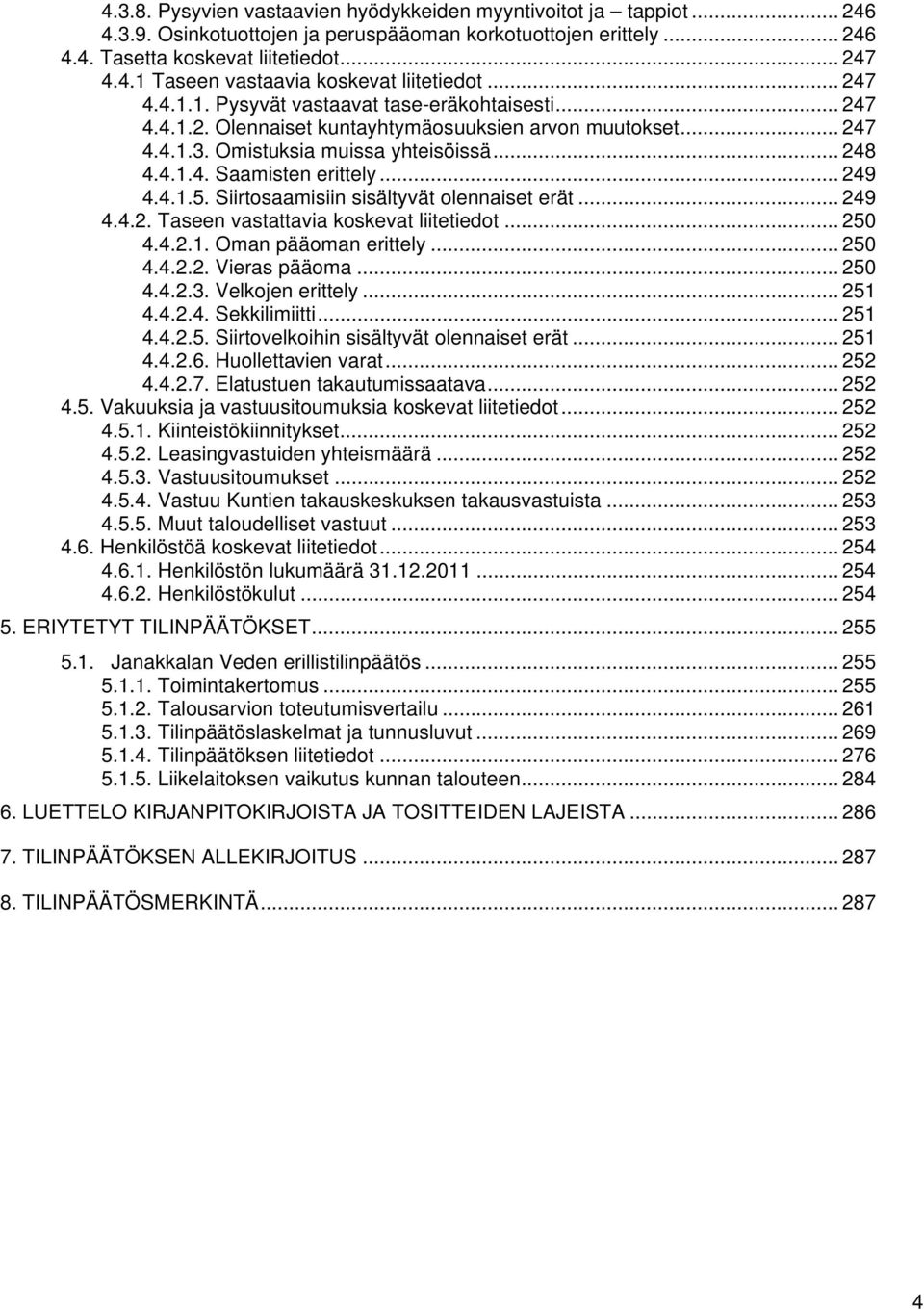 .. 249 4.4.1.5. Siirtosaamisiin sisältyvät olennaiset erät... 249 4.4.2. Taseen vastattavia koskevat liitetiedot... 250 4.4.2.1. Oman pääoman erittely... 250 4.4.2.2. Vieras pääoma... 250 4.4.2.3.