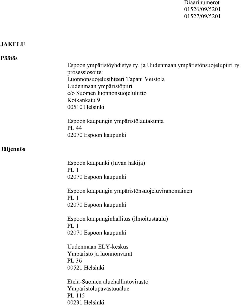 ympäristölautakunta PL 44 02070 Espoon kaupunki Jäljennös Espoon kaupunki (luvan hakija) PL 1 02070 Espoon kaupunki Espoon kaupungin ympäristönsuojeluviranomainen PL 1