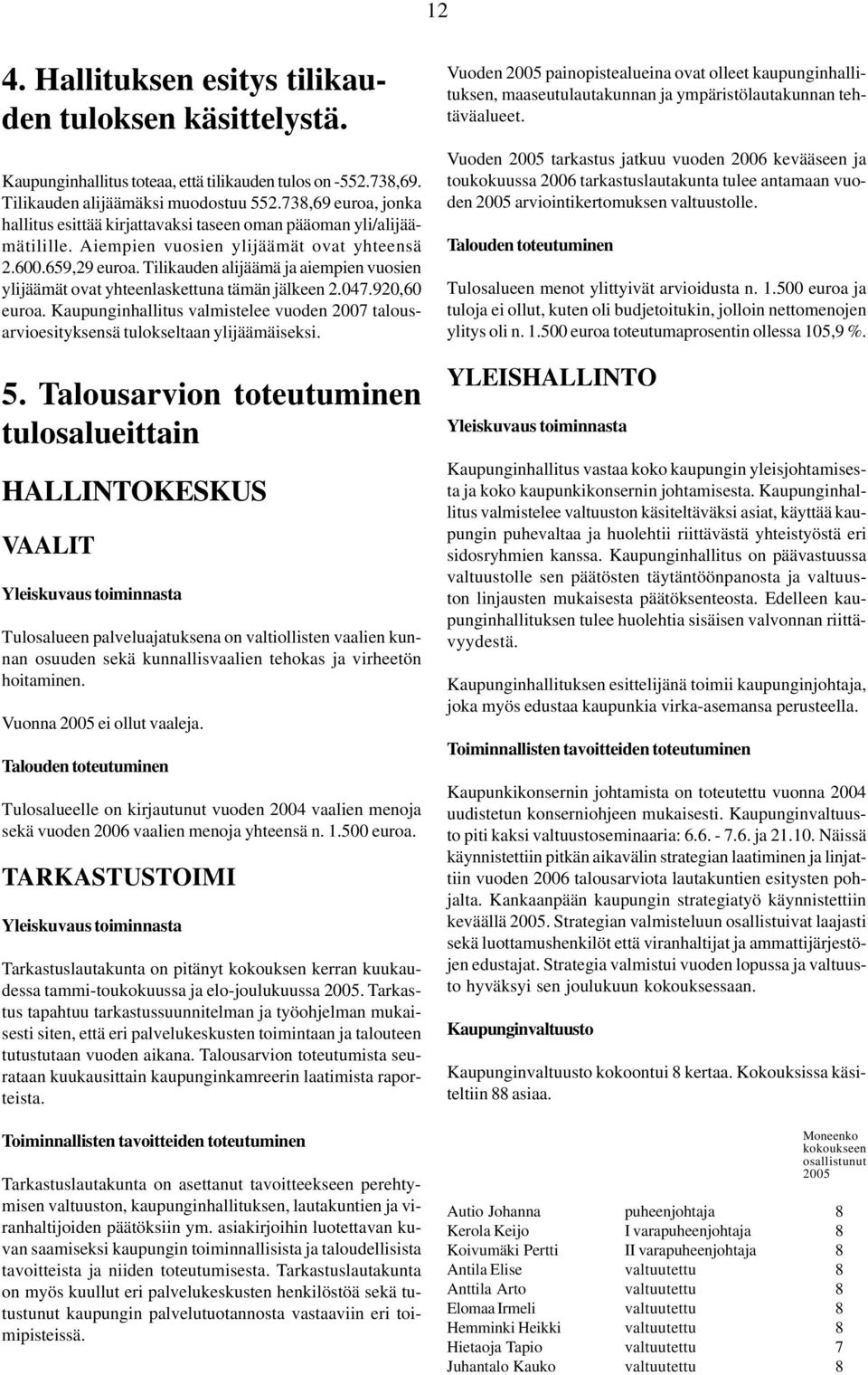 Tilikauden alijäämä ja aiempien vuosien ylijäämät ovat yhteenlaskettuna tämän jälkeen 2.047.920,60 euroa. Kaupunginhallitus valmistelee vuoden 2007 talousarvioesityksensä tulokseltaan ylijäämäiseksi.