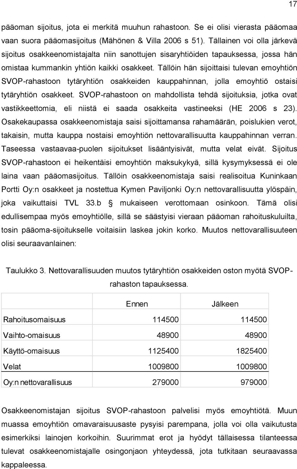 Tällöin hän sijoittaisi tulevan emoyhtiön SVOP-rahastoon tytäryhtiön osakkeiden kauppahinnan, jolla emoyhtiö ostaisi tytäryhtiön osakkeet.