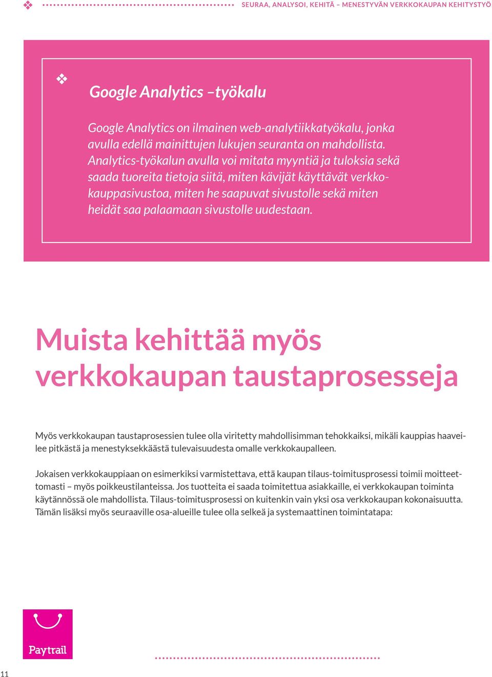 Analytics-työkalun aulla oi mitata myyntiä ja tuloksia sekä saada tuoreita tietoja siitä, miten käijät käyttäät erkkokauppasiustoa, miten he saapuat siustolle sekä miten heidät saa palaamaan