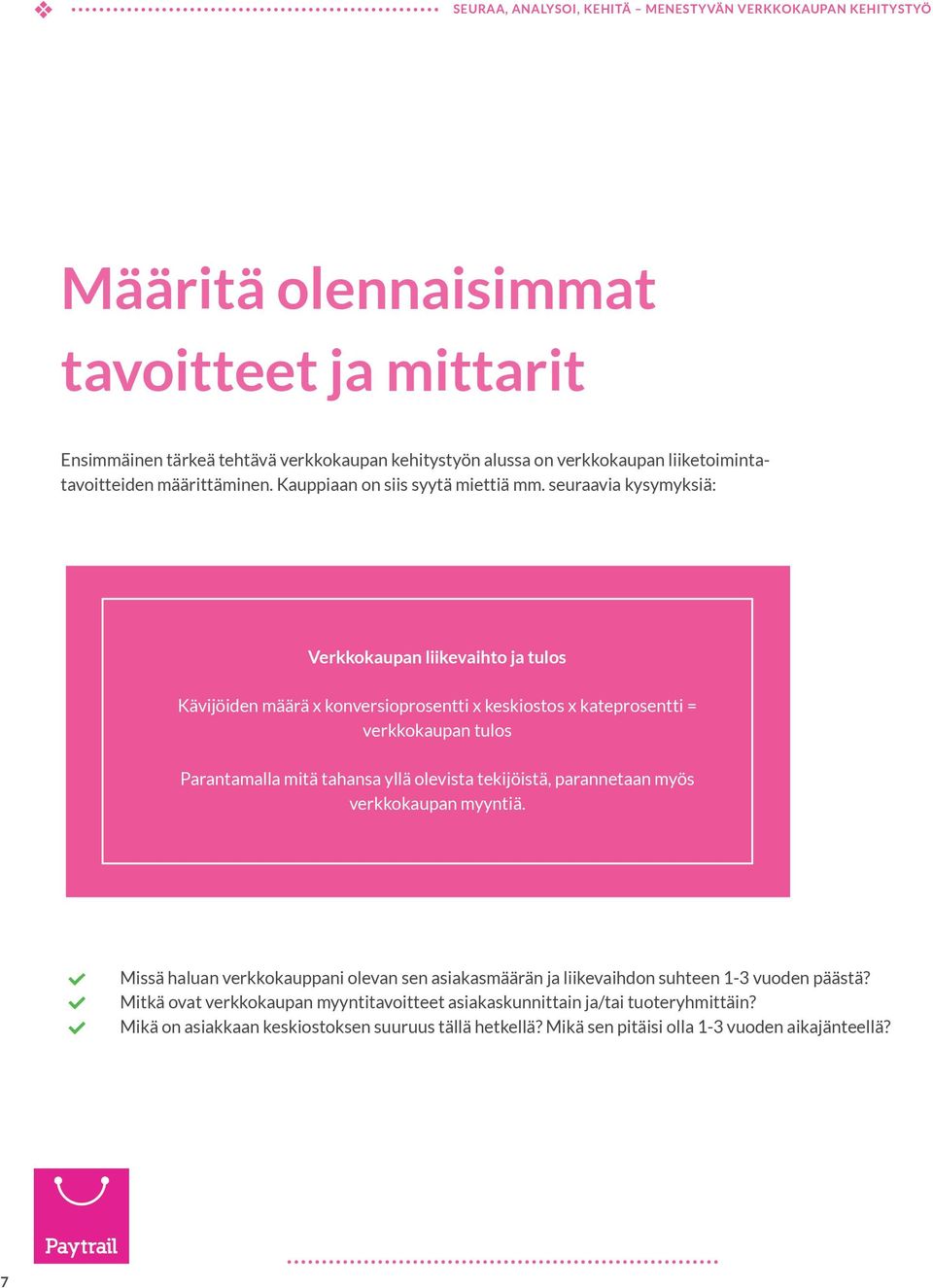 seuraaia kysymyksiä: Verkkokaupan liikeaihto ja tulos Käijöiden määrä x konersioprosentti x keskiostos x kateprosentti = erkkokaupan tulos Parantamalla mitä tahansa yllä oleista