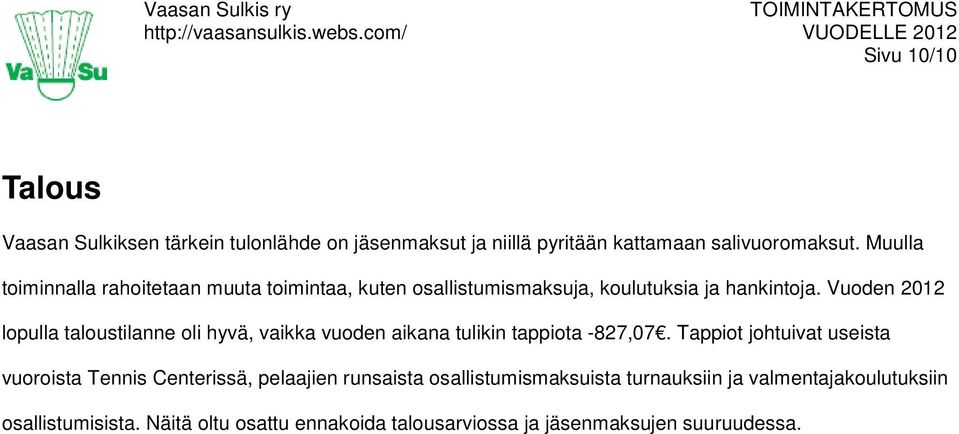 Vuoden 2012 lopulla taloustilanne oli hyvä, vaikka vuoden aikana tulikin tappiota -827,07.