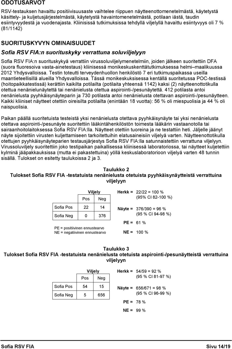 Kliinisissä tutkimuksissa tehdyllä viljelyllä havaittu esiintyvyys oli 7 % (81/1142) SUORITUSKYVYN OMINAISUUDET Sofia RSV FIA:n suorituskyky verrattuna soluviljelyyn Sofia RSV FIA:n suorituskykyä