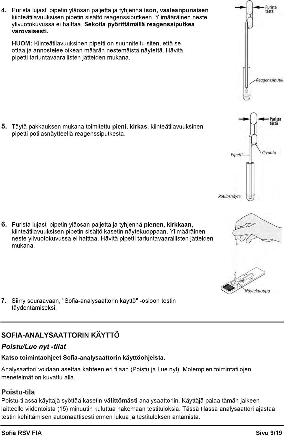 Hävitä pipetti tartuntavaarallisten jätteiden mukana. 5. Täytä pakkauksen mukana toimitettu pieni, kirkas, kiinteätilavuuksinen pipetti potilasnäytteellä reagenssiputkesta. 6.