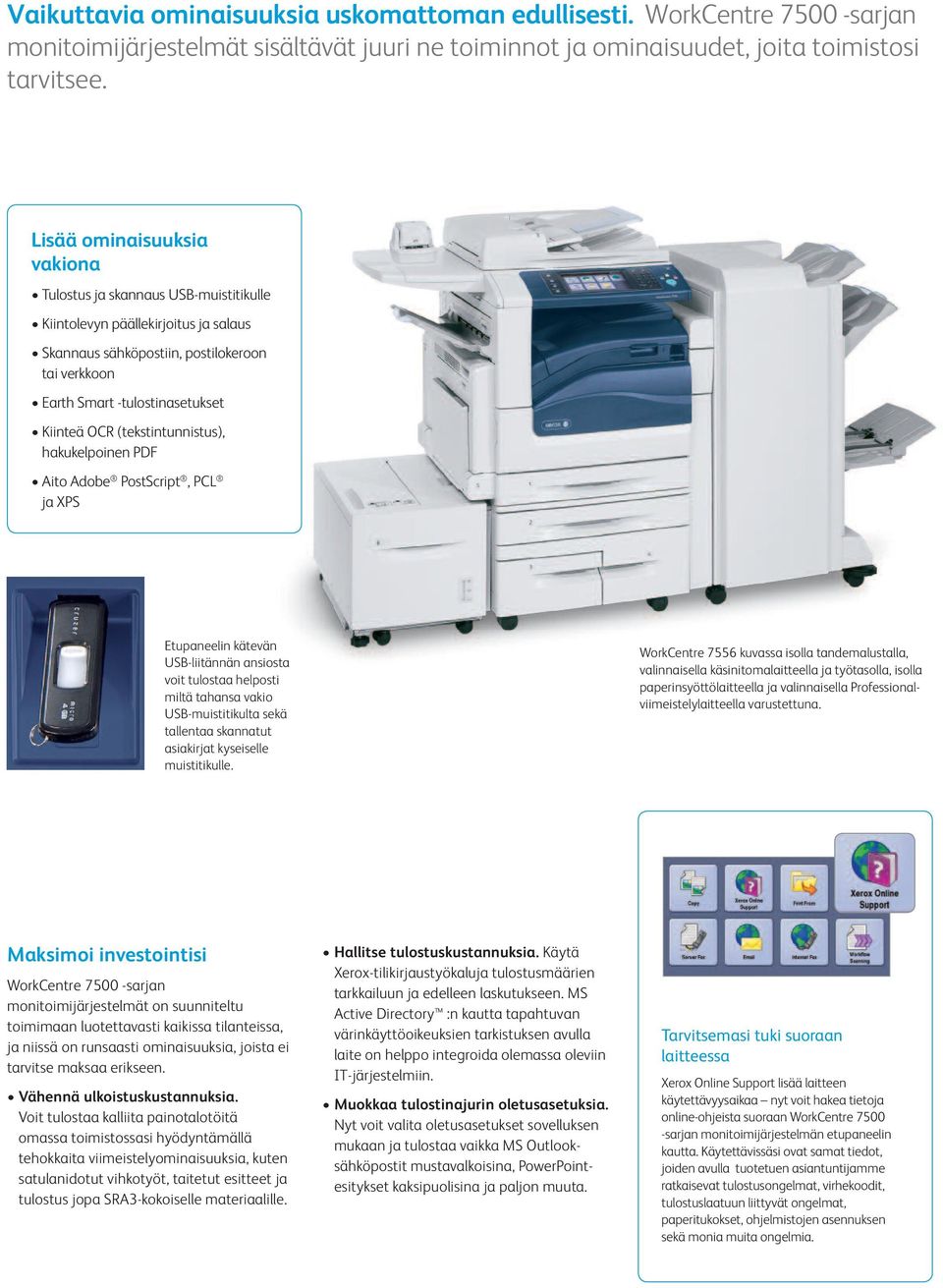 (tekstintunnistus), hakukelpoinen PDF Aito Adobe PostScript, PCL ja XPS Etupaneelin kätevän USB-liitännän ansiosta voit tulostaa helposti miltä tahansa vakio USB-muistitikulta sekä tallentaa