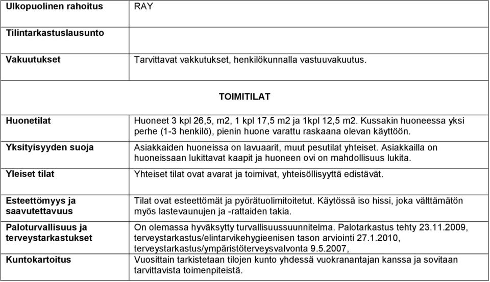 Kussakin huoneessa yksi perhe (1-3 henkilö), pienin huone varattu raskaana olevan käyttöön. Asiakkaiden huoneissa on lavuaarit, muut pesutilat yhteiset.