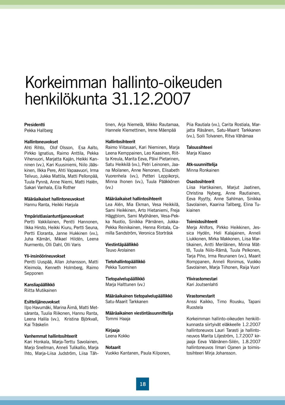 ), Kari Kuusiniemi, Niilo Jääskinen, Ilkka Pere, Ahti Vapaavuori, Irma Telivuo, Jukka Mattila, Matti Pellonpää, Tuula Pynnä, Anne Niemi, Matti Halén, Sakari Vanhala, Eila Rother Määräaikaiset