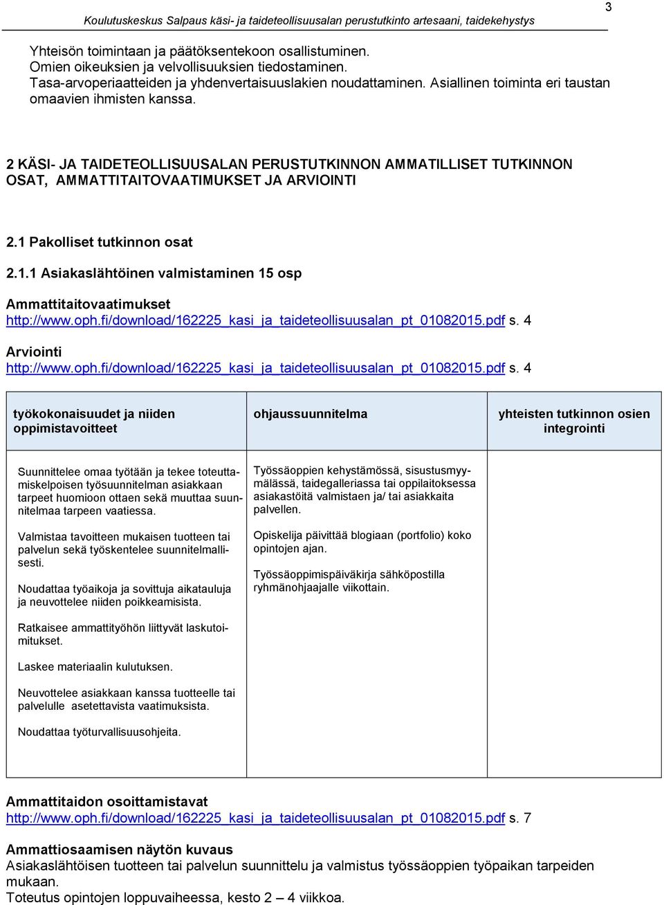 1 Pakolliset tutkinnon osat 2.1.1 Asiakaslähtöinen 15 osp Ammattitaitovaatimukset http://www.oph.fi/download/162225_kasi_ja_taideteollisuusalan_pt_01082015.pdf s.