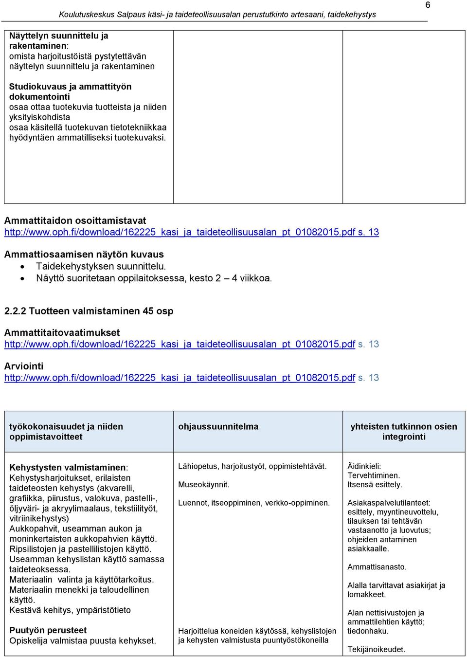 fi/download/162225_kasi_ja_taideteollisuusalan_pt_01082015.pdf s. 13 Ammattiosaamisen näytön kuvaus Taidekehystyksen suunnittelu. Näyttö suoritetaan oppilaitoksessa, kesto 2 4 viikkoa. 2.2.2 Tuotteen 45 osp Ammattitaitovaatimukset http://www.