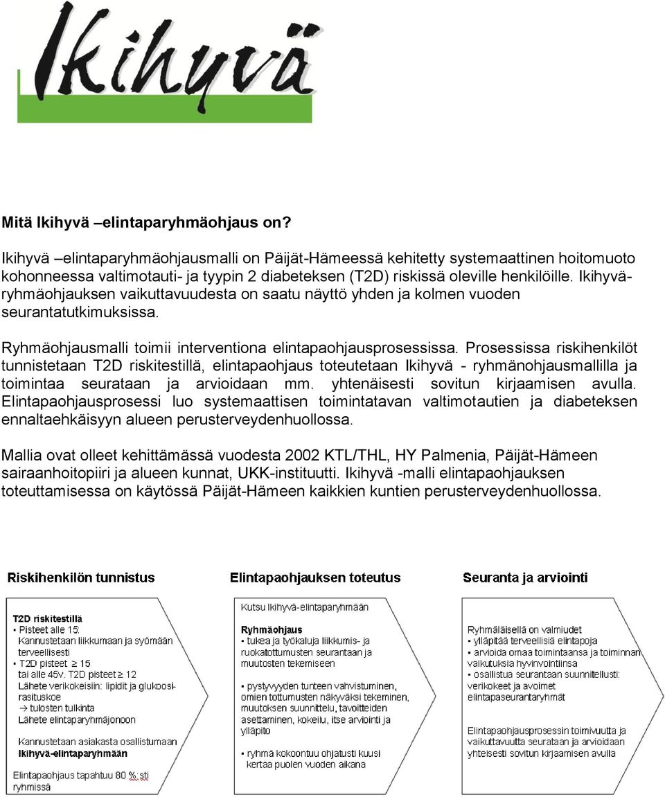 Ikihyväryhmäohjauksen vaikuttavuudesta on saatu näyttö yhden ja kolmen vuoden seurantatutkimuksissa. Ryhmäohjausmalli toimii interventiona elintapaohjausprosessissa.