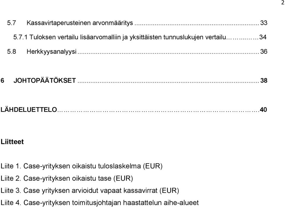 Case-yrityksen oikaistu tuloslaskelma (EUR) Liite 2. Case-yrityksen oikaistu tase (EUR) Liite 3.