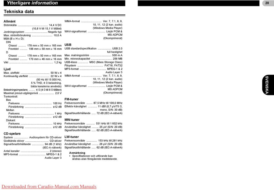 .. 22 W x 4 (50 Hz till 15 000 Hz, 5%THD, 4$ belastning, båda kanalerna används) Belastningsimpedans... 4 $ (4 $ till 8 $ tillåten) Maximal preout-utgångsnivå... 2,0 V Tonkontroll: Bas Frekvens.