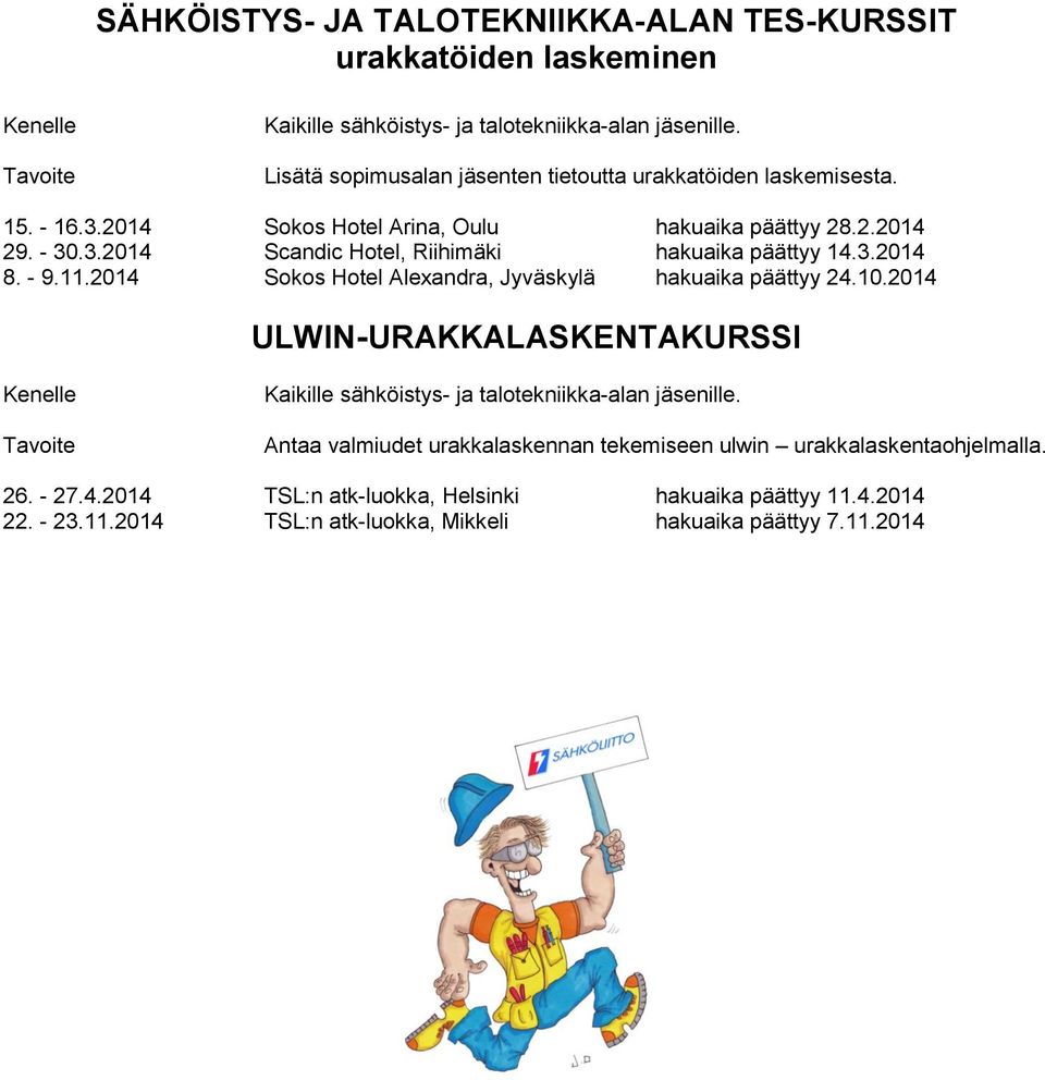 3.2014 8. - 9.11.2014 Sokos Hotel Alexandra, Jyväskylä hakuaika päättyy 24.10.2014 ULWIN-URAKKALASKENTAKURSSI Kaikille sähköistys- ja talotekniikka-alan jäsenille.