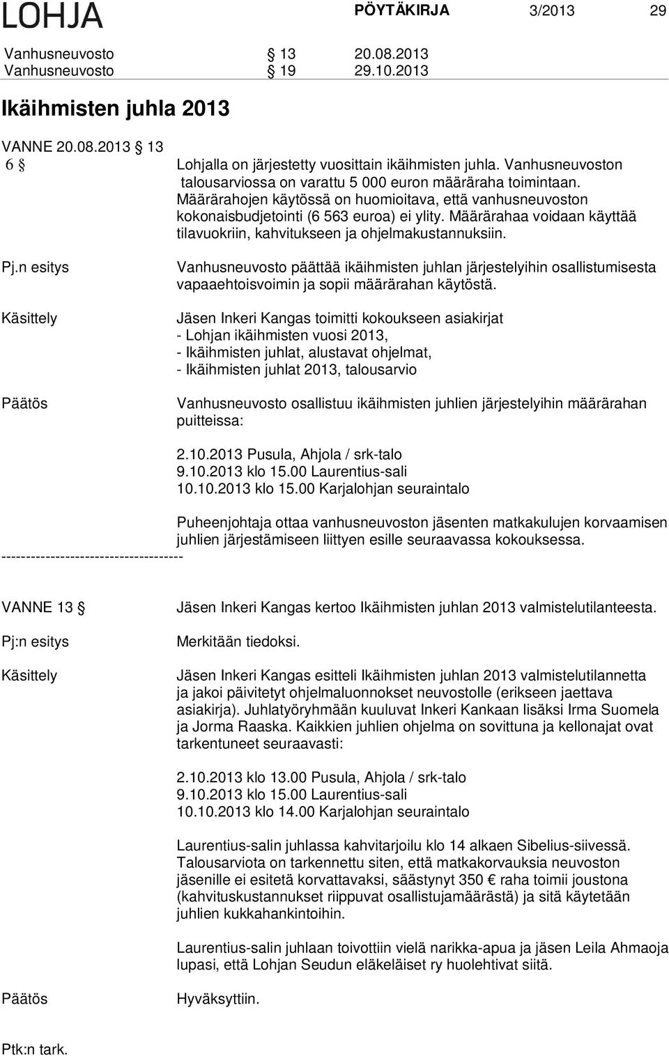 Määrärahaa voidaan käyttää tilavuokriin, kahvitukseen ja ohjelmakustannuksiin. Pj.