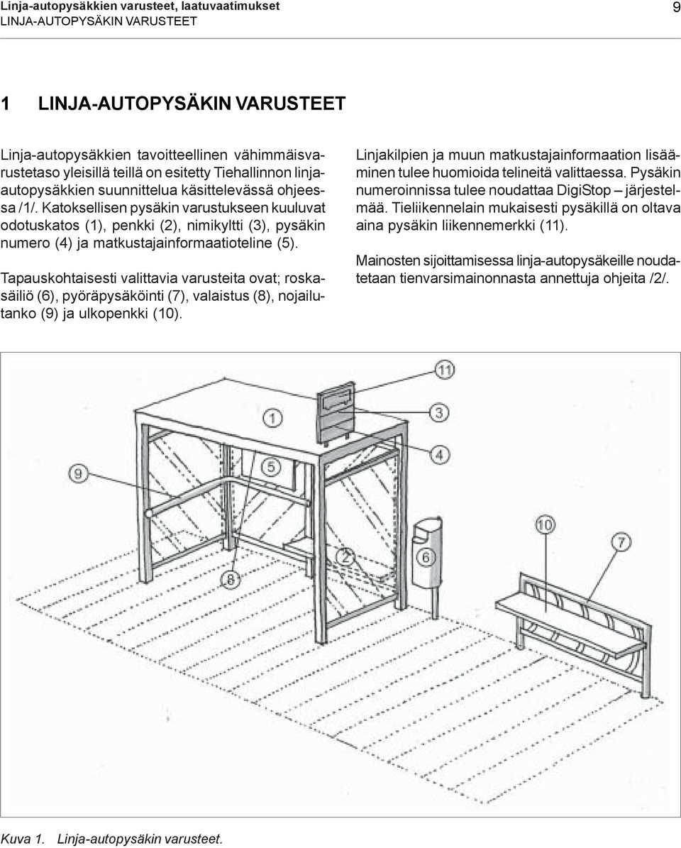 Katoksellisen pysäkin varustukseen kuuluvat odotuskatos (1), penkki (2), nimikyltti (3), pysäkin numero (4) ja matkustajainformaatioteline (5).