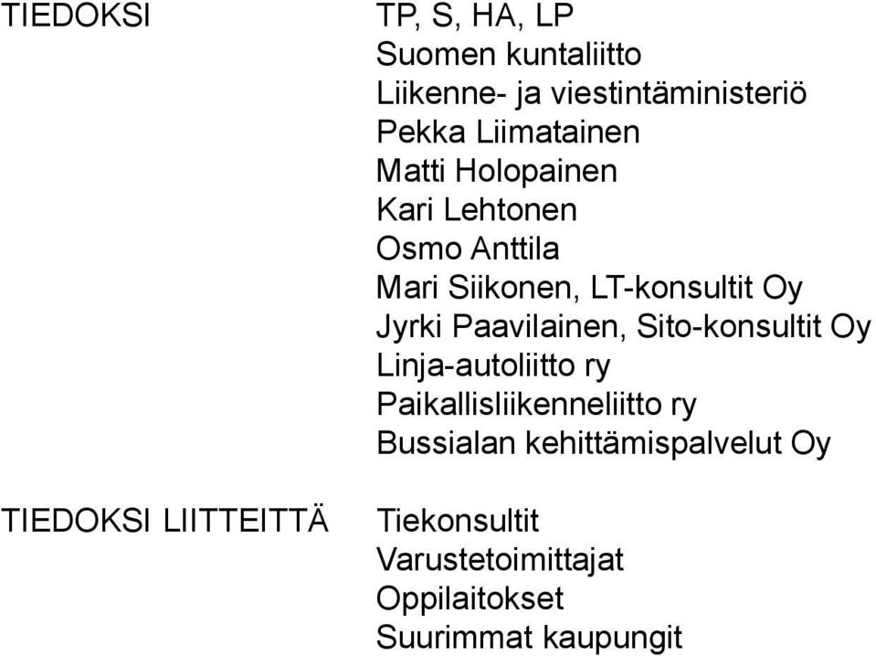 Anttila Mari Siikonen, LT-konsultit Oy Jyrki Paavilainen, Sito-konsultit Oy Linja-autoliitto ry