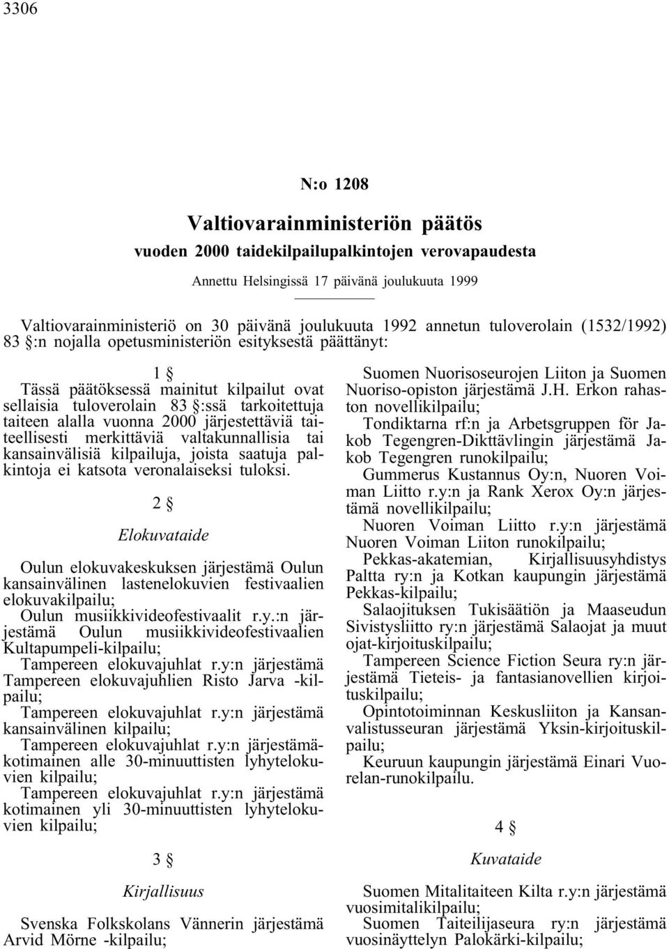 2000 järjestettäviä taiteellisesti merkittäviä valtakunnallisia tai kansainvälisiä kilpailuja, joista saatuja palkintoja ei katsota veronalaiseksi tuloksi.
