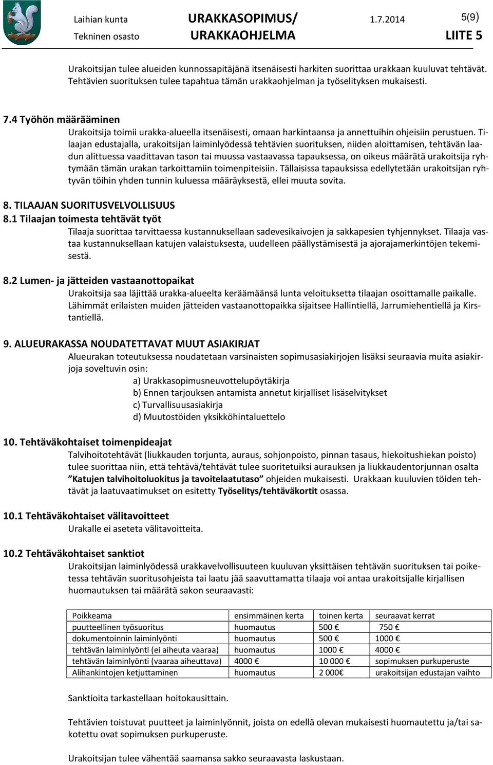 Tilaajan edustajalla, urakoitsijan laiminlyödessä tehtävien suorituksen, niiden aloittamisen, tehtävän laadun alittuessa vaadittavan tason tai muussa vastaavassa tapauksessa, on oikeus määrätä