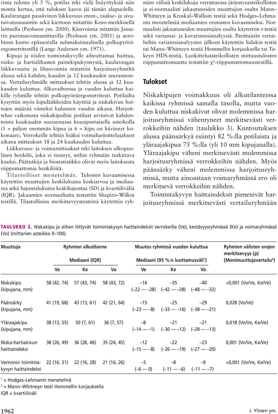 Käsivoimia mitattiin Jamarin puristusvoimamittarilla (Peolsson ym. 200) ja aerobinen kunto epäsuoralla submaksimaalisella polkupyöräergometritestillä (Lange Andersen ym. 97).