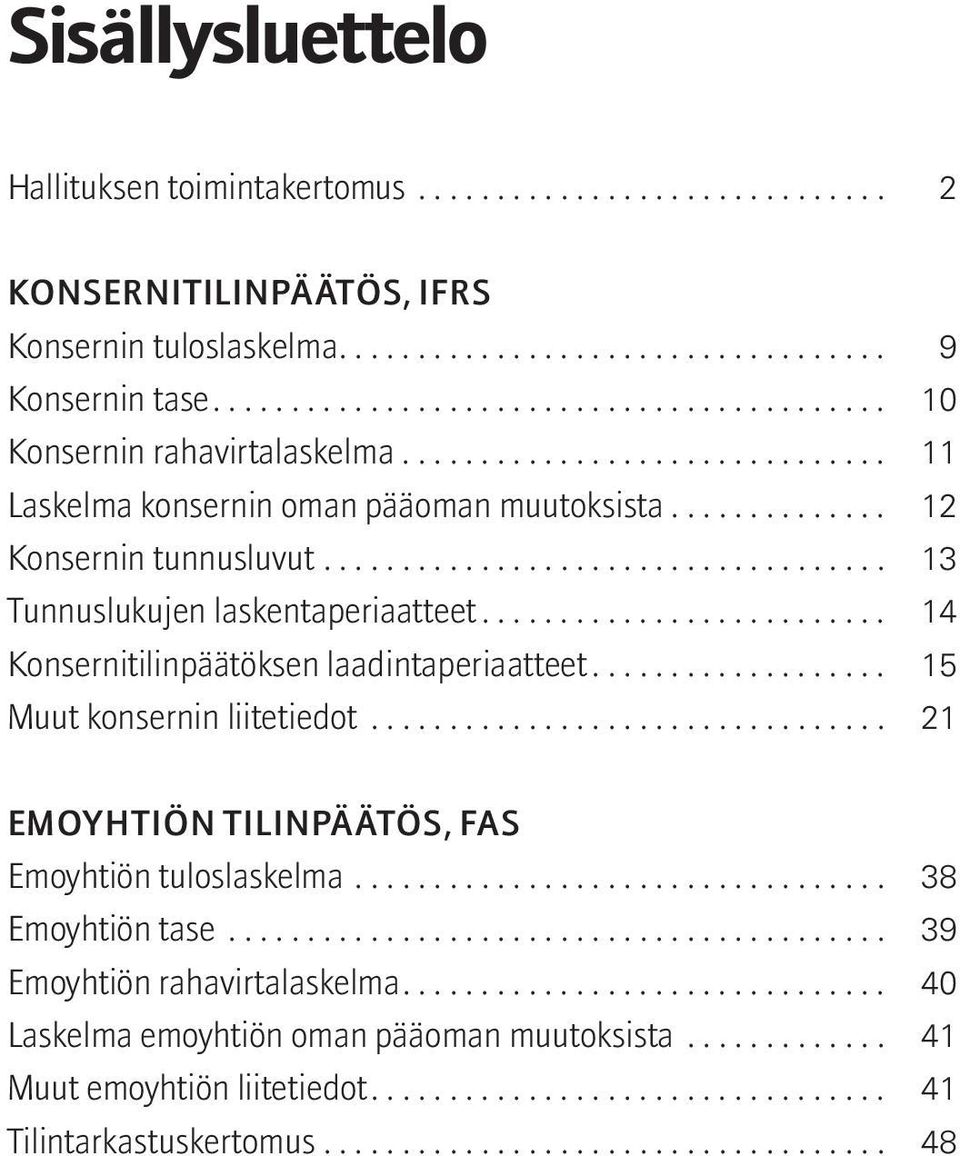 .. 14 Konsernitilinpäätöksen laadintaperiaatteet... 15 Muut konsernin liitetiedot.................................. 21 Emoyhtiön tilinpäätös, FAS Emoyhtiön tuloslaskelma................................... 38 Emoyhtiön tase.