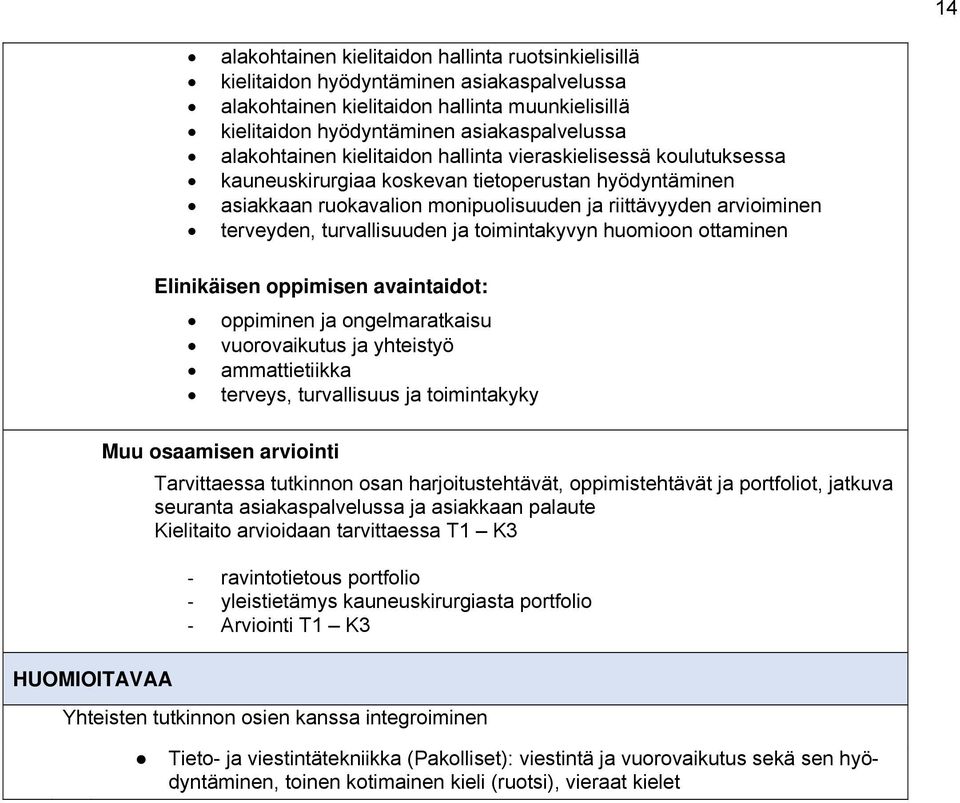 turvallisuuden ja toimintakyvyn huomioon ottaminen HUOMIOITAVAA Elinikäisen oppimisen avaintaidot: oppiminen ja ongelmaratkaisu vuorovaikutus ja yhteistyö ammattietiikka terveys, turvallisuus ja