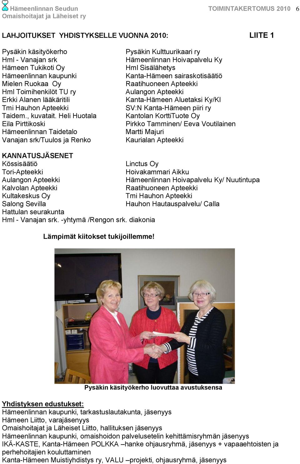 Heli Huotala Eila Pirttikoski Hämeenlinnan Taidetalo Vanajan srk/tuulos ja Renko Pysäkin Kulttuurikaari ry Hämeenlinnan Hoivapalvelu Ky Hml Sisälähetys Kanta-Hämeen sairaskotisäätiö Raatihuoneen