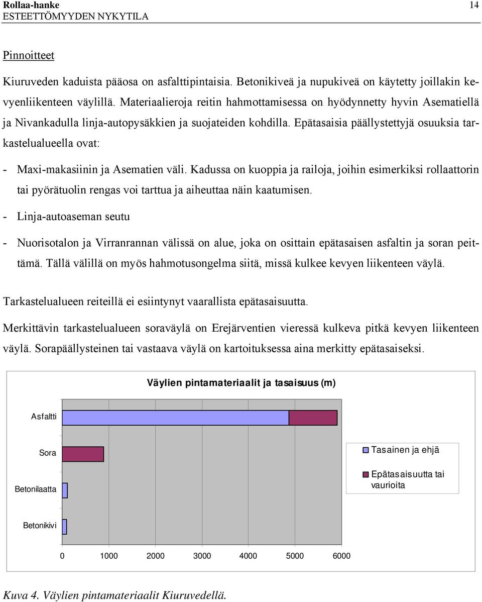 Epätasaisia päällystettyjä osuuksia tarkastelualueella ovat: - Maxi-makasiinin ja Asematien väli.