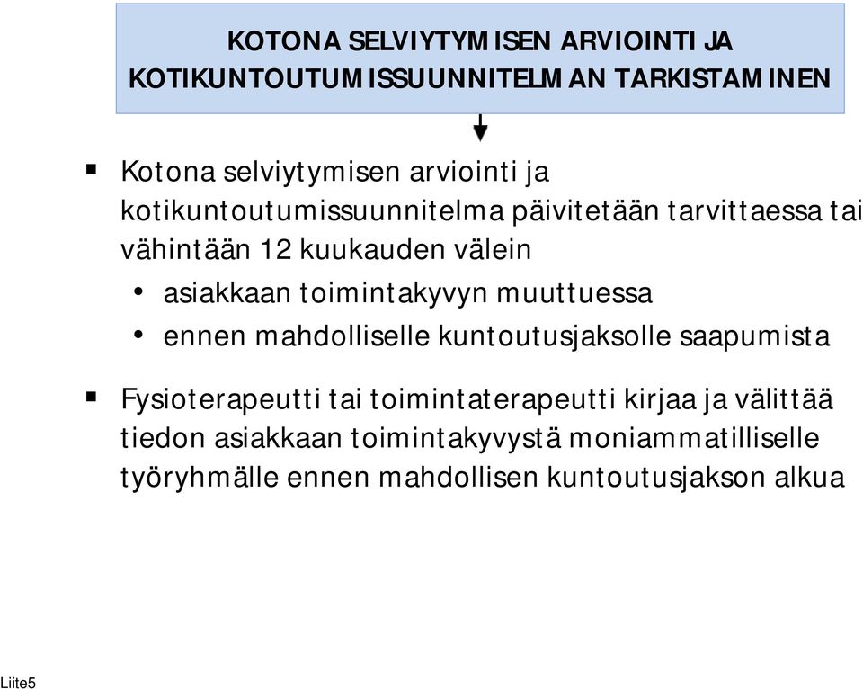 muuttuessa ennen mahdolliselle kuntoutusjaksolle saapumista Fysioterapeutti tai toimintaterapeutti kirjaa ja