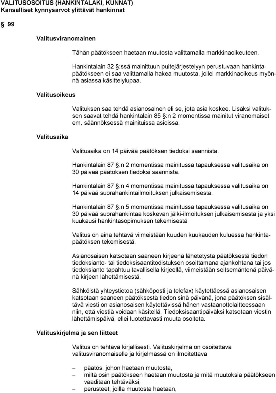 Valituksen saa tehdä asianosainen eli se, jota asia koskee. Lisäksi va li tuksen saavat tehdä hankintalain 85 :n 2 momentissa mainitut viranomaiset em. säännöksessä mainituissa asioissa.