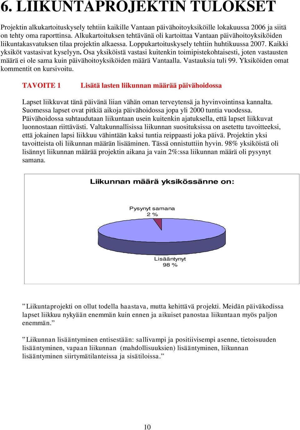 Osa yksiköistä vastasi kuitenkin toimipistekohtaisesti, joten vastausten määrä ei ole sama kuin päivähoitoyksiköiden määrä Vantaalla. Vastauksia tuli 99. Yksiköiden omat kommentit on kursivoitu.