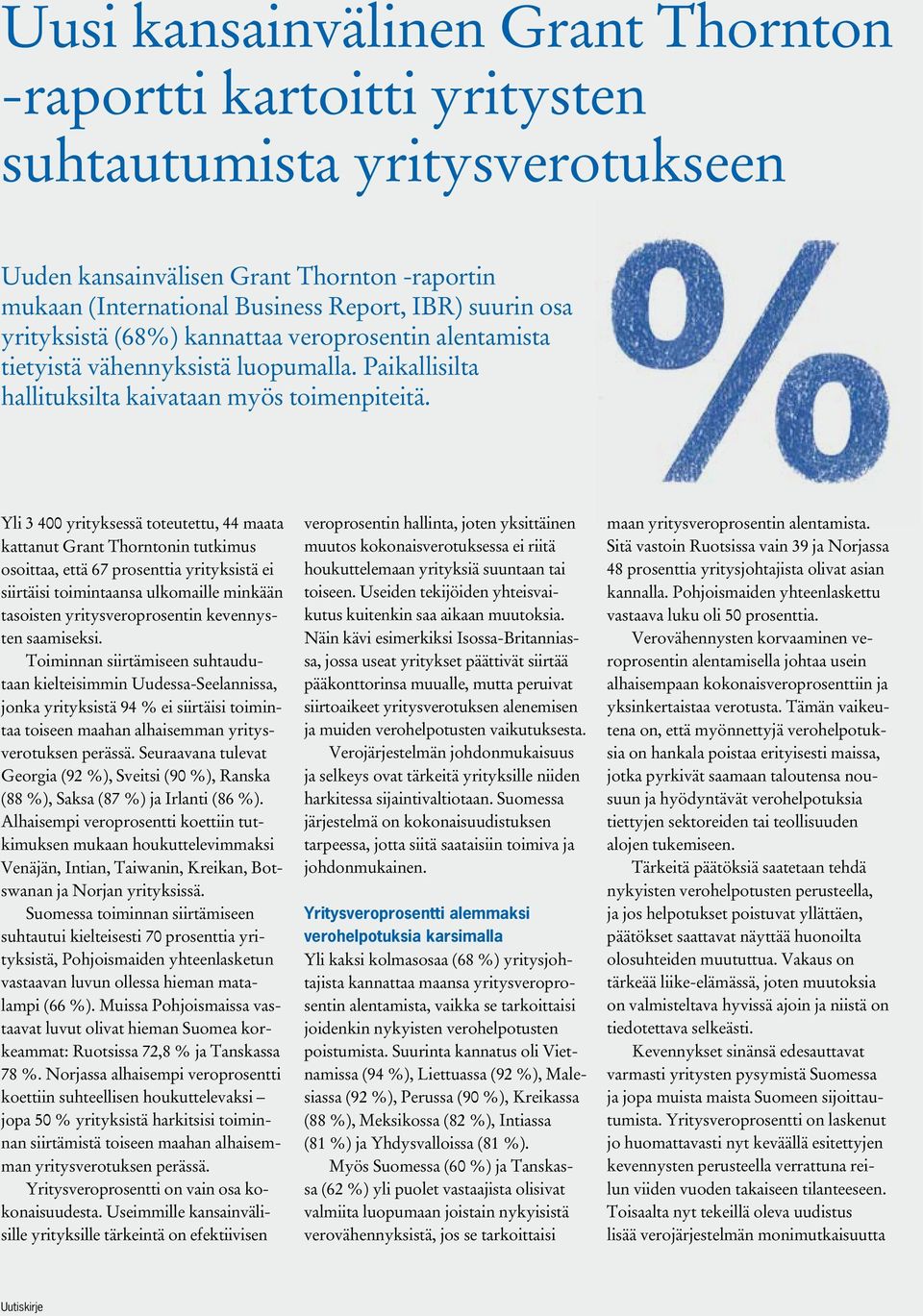 Yli 3 400 yrityksessä toteutettu, 44 maata kattanut Grant Thorntonin tutkimus osoittaa, että 67 prosenttia yrityksistä ei siirtäisi toimintaansa ulkomaille minkään tasoisten yritysveroprosentin