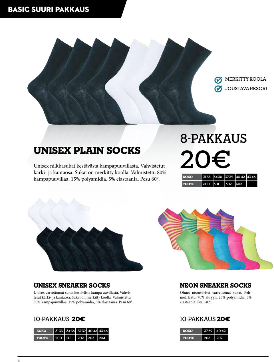 8-pakkaus 20 Koko 31-33 34-36 37-39 40-42 43-46 Tuote 600 601 602 603 UNISEX SNEAKER SOCKS Unisex varrettomat sukat kestävästa kampa uuvillasta. Vahvistetut kärki- ja kantaosa.