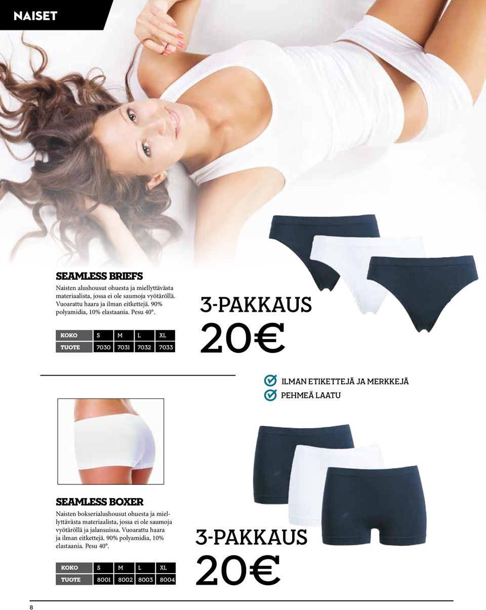 3-pakkaus 20 koko s m l xl tuote 7030 7031 7032 7033 Ilman etikettejä ja merkkejä pehmeä laatu Seamless Boxer Naisten bokserialushousut